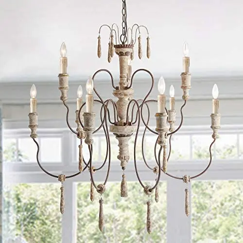 LALUZ A03483 Farmhouse Wood Chandeliers for Dining Rooms 9 Distressed French Country Lighting, D39 xH38