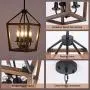 Farmhouse 4-Light Chandelier Rustic Wood Lantern Pendant Light with Imitation Wood and Iron Finish, Adjustable Height Hanging Lighting Fixtures for Dining Room Kitchen Island Hallway Foyer Entryway