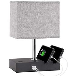 Touch Control Bedside Lamp with 2 USB Ports, Aooshine Fully-Dimming USB Table Lamp with 2 Phone Stands and Low Voltage Led Bulb, Grey Fabric Shade Modern Style, Suitable for Bedroom, Living Room, Off