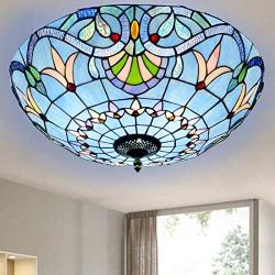 20 inch Tiffany Style Ceiling Light , E27 Retro Stained Glass Bowl Shade Flush Mount Ceiling Lamp , Metal Decoration Hallway Ceiling Lighting Fixtures for Living Room Bedroom Kitchen , Blue