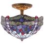 Tiffany Ceiling Fixture Lamp W12H11 Inch Semi Flush Mount Light Stained Blue Dragonfly Shade Antique Style WERFACTORY S004 Series Art Lamps Kitchen Island Bar Hallway Living Room Dining Room Loft