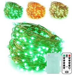 RUICHEN 66Ft 200 LED String Lights Battery Powered, Copper Wire 8 Modes Color Changing Christmas Fairy Lights with Remote Timer for Bedroom, Patio, Wedding, Party (Warm White & Green)