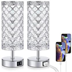 Touch Control Crystal Table Lamp Set of 2 Bedside Nightstand Lamps with 2 USB Charging Ports, 3-Way Dimmable, K9 Crystal Decorative Desk Lamp for Bedroom, Girls Guest Room, Living Room, Bulbs Included