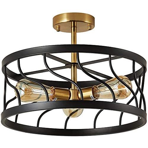 Deyidn Lighting 3-Light Rustic Semi Flush Mount Ceiling Light Fixture Modern Industrial Black and Gold Metal Cage Lamp for Bedroom, Kitchen, Living Room, Dining Room, Hallway, Stairway,Farmhouse
