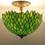 Tiffany Ceiling Light Fixture W12H11 Inch Semi Flush Mount Green Stained Glass Wisteria Shade S523 WERFACTORY Lamps Lover Parent Dining Living Room Bedroom Study Entry Kitchen Island Bar Hallway Loft