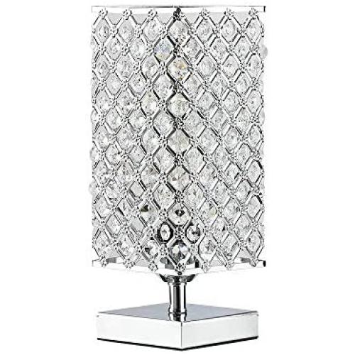 Square Modern Decorative Chrome Crystal Bedside Table Lamp, Crystal Silver Square Bedside Nightstand Desk Light for Living Room Bedroom Decorative Dining Room