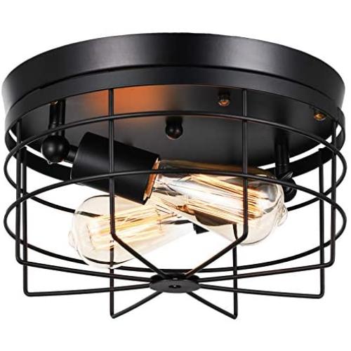 Qcyuui Industrial Semi Flush Mount Ceiling Light, E26 Metal Rustic Cage Ceiling Lamp Fixture, Vintage Black Kitchen Lighting for Farmhouse Hallway Dining Room, 2 Lights