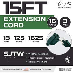 Pack of 2 Outdoor Extension Cords, 15 FT ea - 16/3 Durable Green 3 Prong Extension Cord Pack