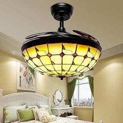 Huston Fan Modern Retractable Ceiling Fan Light for Indoor Dining Room Restaurant Bedroom Tiffany Remote Ceiling Fan with Light,3 Color Changing Chandelier Fan-3 Down Rod,42 Inch Black