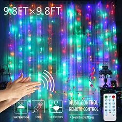 Color Changing Curtain Lights with Voice Activated,GYTF USB Powered 300 LED Fairy String Lights for Wedding, Bedroom, Party Decorations,Remote Including Sync-to-Music Setting (9.8 x 9.8Ft)