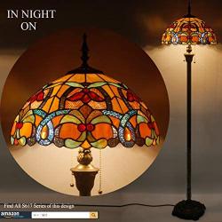 Tiffany Style Floor Standing Lamp W16H64 Inch Tall Orange Stained Glass Liaison Crystal Bead Flower Shade 2E26 Antique Reading Lighting Resin Base S617 WERFACTORY LAMPS Bedroom Living Room Lover Gifts