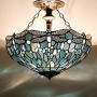 Tiffany Ceiling Fixture Lamp Semi Flush Mount Light W16H15 Inch Sea Blue Stained Glass Crystal Bead Dragonfly Shade S147 WERFACTORY Kid Living Room Bedroom Study Kitchen Island Bar Hallway Dining Room