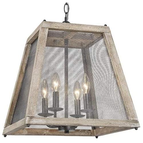 Farmhouse Chandelier, 4-Light Lantern Chandelier with Iron Net, New Modern Farmhouse Light Fixture for Foyer, Kitchen Island, Dining Rooms