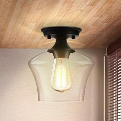 Semi Flush Mount Ceiling Light, Modern Light Fixture Industrial Flush Mount Ceiling Light with Clear Glass for Bedroom Hallway Dining Room Bathroom Passway (Black)