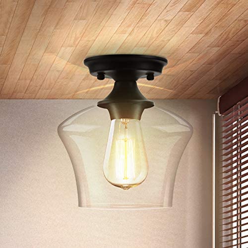 Semi Flush Mount Ceiling Light, Modern Light Fixture Industrial Flush Mount Ceiling Light with Clear Glass for Bedroom Hallway Dining Room Bathroom Passway (Black)