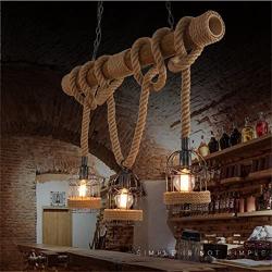 BAYCHEER Industrial 3 Lights Pendant Light Ceiling Lighting Hanging Lamp Chandelier Lantern Style with Rope Cage Frame & Wood Decoration for Indoor Bar Warehouse Hallway Use E26 Bulbs