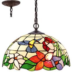 Tiffany Hanging Lamp 16 Inch Antique Pendant Light Stained Glass Hummingbird Shade Chandelier Ceiling Fixture S101 WERFACTORY Decorate Dining Living Room Bedroom Study Office Coffee Bar Hallway Loft