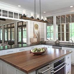 Farmhouse Chandeliers for Dining Room,5-Lights Kitchen Island Lighting,Rectangle Wood Chandeliers with Seedy Glass Shape