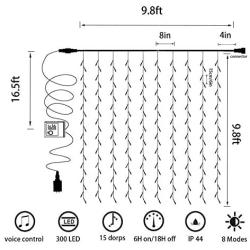 YASENN 300LED 9.8 x 9.8Ft Curtain Lights 12 Modes Music sync Effect String Lights with Timer Fairy Lights Remote Control for Window Curtain Wedding Party Wall Bedroom Backdrop Decoration (Warm White)