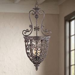 French Scroll Rubbed Bronze Pendant Chandelier 15 1/4'' Wide Rustic Country Iron 3-Light Fixture for Dining Room House Foyer Kitchen Island Entryway Bedroom Living Room - Franklin Iron Works