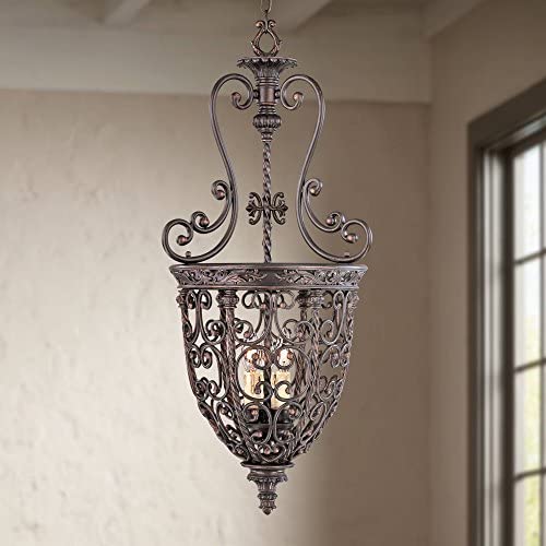 French Scroll Rubbed Bronze Pendant Chandelier 15 1/4'' Wide Rustic Country Iron 3-Light Fixture for Dining Room House Foyer Kitchen Island Entryway Bedroom Living Room - Franklin Iron Works