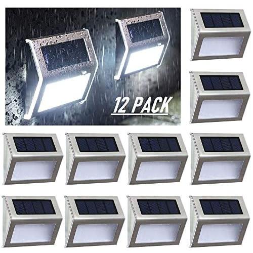 Solar Deck Lights Outdoor Solar Step Lights 6 LED Solar Stair Lights Stainless Steel Outdoor Solar Wall Lights Weatherproof Outdoor Auto On/Off Lighting for Steps Stairs Decks Garden 12 Pack