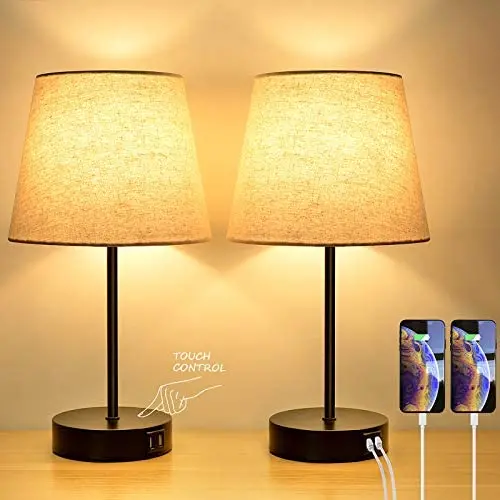 3-Way Touch Control Dimmable Table Lamp with 2 USB Charging Ports&1 Power Outlet, Set of 2 Bedside Nightstand Lamps Fabric Shade, Modern Desk Lamp for Bedroom Living Room Office, E26 LED Bulb Included