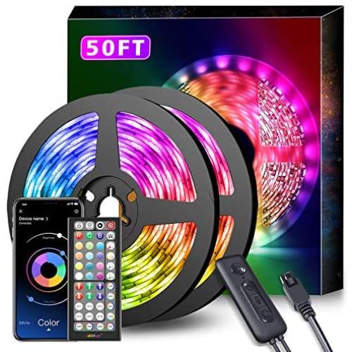 50Ft LED Strip Lights Music Sync Color Changing RGB LED Strip 44-Key Remote, Sensitive Built-in Mic, App Controlled LED Lights Rope Lights, 5050 RGB LED Light Strip(APP+Remote+Mic+3 Button Switch)