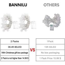 BANNILU Christmas Snowflake String Lights, 2 Pack Snowflake Fairy Lights 40 ft 80 LED Battery Operated Waterproof for Xmas Home Garden Bedroom and Indoor&Outdoor Decoration, (Snowflakes White)