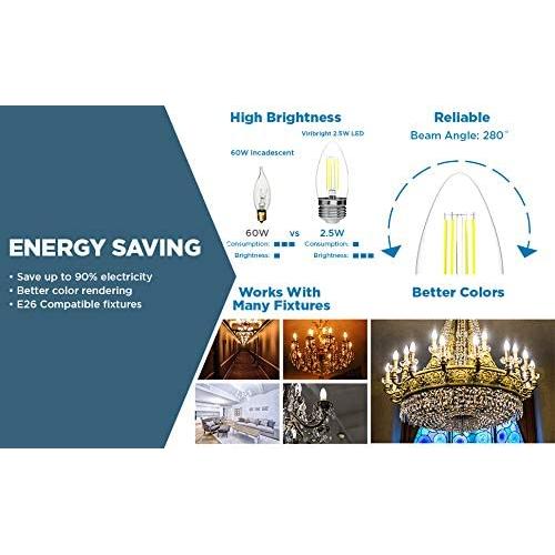 (6 Pack) 35-Watt Equivalent LED E26 Base Chandelier B11 Dimmable Clear Filament Vintage Style Light Bulb 5000K Daylight Decorative 35W LED Chandelier Ceiling Fan Bulbs