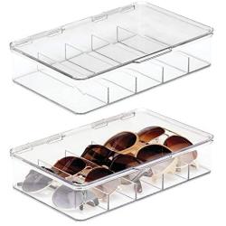 mDesign Plastic Rectangular Stackable Eye Glass Storage Organizer Holder Box for Sunglasses, Reading Glasses, Fashion Eye Wear, Accessories - 5 Sections, Hinged Lid - 2 Pack - Clear