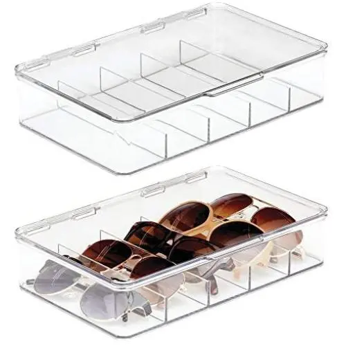 mDesign Plastic Rectangular Stackable Eye Glass Storage Organizer Holder Box for Sunglasses, Reading Glasses, Fashion Eye Wear, Accessories - 5 Sections, Hinged Lid - 2 Pack - Clear