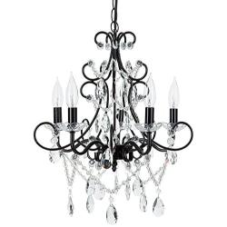 Amalfi Decor 5 Light LED Crystal Beaded Chandelier, Mini Wrought Iron K9 Glass Pendant Light Fixture Contemporary Nursery Kids Room Dimmable Plug in Hanging Ceiling Lamp, Black