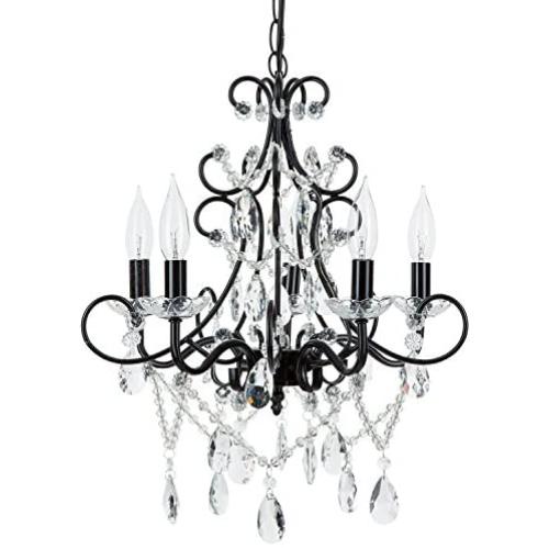 Amalfi Decor 5 Light LED Crystal Beaded Chandelier, Mini Wrought Iron K9 Glass Pendant Light Fixture Contemporary Nursery Kids Room Dimmable Plug in Hanging Ceiling Lamp, Black