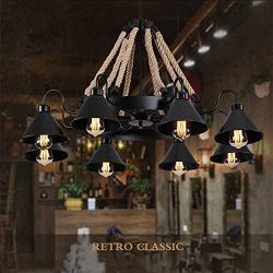 8-Light Retro Chandelier, Farmhouse Wrought Iron Rustic Hemp Rope Pendant Light Chandelier, Adjustion Chain E26 Lamp Socket Vintage Ceiling Fixture for Dining Table Kitchen Island Bar