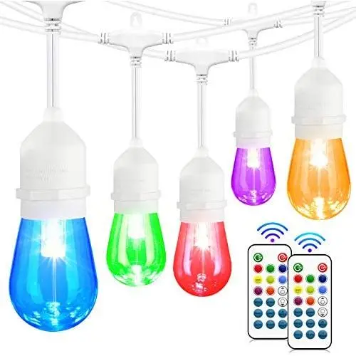 48FT Outdoor RGB String Lights, Cafe RGB LED String Light with 15+3 E26 Shatterproof Edison Bulbs Dimmable, Commercial Light String for Patio Backyard Garden Christmas, 2 Remote, White Wire 48FT Outdoor RGB String Lights, Cafe RGB LED String Light with 15+3 E26 Shatterproof Edison Bulbs Dimmable, Commercial Light String for Patio Backyard Garden Christmas, 2 Remote, White Wire