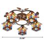 LITFAD Art Glass Lodge Shade 5-Light Semi Flush Ceiling Fixture Tiffany Style Ceiling Lamp with Leaves Accent Distressed Bronze Canopy 110V-120V Ceiling Hanging Light for Living Room Bedroom Hotel