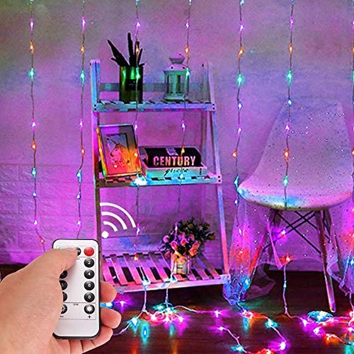 Vingtank Curtain String Light - 300 LED 9.84FT Curtain with Lights, USB Powered 8 Mode Setting White Curtain Lights for Bedroom, Party Christmas, Valentines Day, Wedding (Colorful)