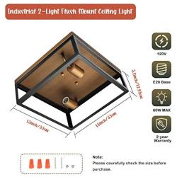 Farmhouse Ceiling Light Fixture, Industrial 2-Light Flush Mount Ceiling Light for Bedroom, Kitchen, Black Retro Square Semi Flush Mount Ceiling Lamp with E26 Sockets for Living Room, Entry, Stairway