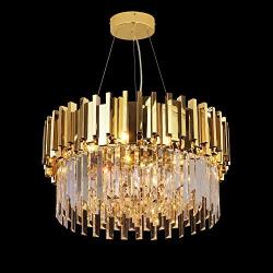 MEEROSEE Modern Crystal Chandelier Lighting Led Pendant Lights Fixture with Stainless Steel Shade Island Chandeliers Ceiling Dining Room Living Room Contemporary Kitchen Dimmable 9-Lights