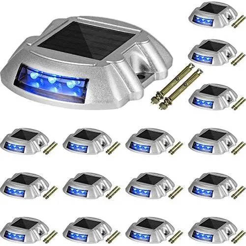 Happybuy Driveway Lights 16-Pack Solar Driveway Lights Bright Blue with Screw Solar Deck Lights Outdoor Waterproof Wireless Dock Lights 6 LEDs for Path Warning Garden Walkway Sidewalk Steps