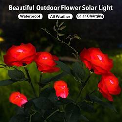 2 Pack Solar Lights for Outdoor Decorative, Fairy Garden Lights with 3 Exquisite Roses, 5 Color Changing Solar Powered Lights for Yard Pathway, Waterproof Solar Garden Lights (Red)