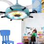 Lighting Groups 42 Inch Blue Reversible Ceiling Fan Lights Pirate Ship Steering Wheel LED Retractable Fan Chandelier for Kids Room Dining Room Livingroom Ceiling Lights Children Bedroom Stealth Ceiling Light with Fans (Blue)