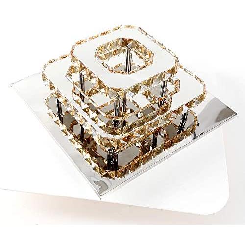 Xie Crystal LED Ceiling Light, 12 Inch Stainless Steel K9 Ceiling, No Opening Needed, Two-Story Square Pendant Lamp in Dining Room Living Room (36W / 6500K / Cold White) (Amber Tricolor)