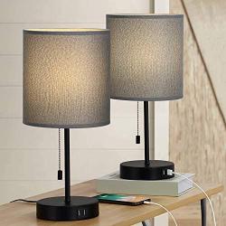 Bedside Table Lamps, Modern Nightstand Lamps Set of 2 with Dual USB Charging Ports, Desk Lamps with Gray Cylindrical Lamp Shade for Bedroom Living Room Study Room Office