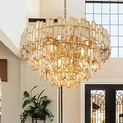 ANTILISHA Gold Crystal Chandelier Lighting Foyer Hall Entry Way Chandeliers Light Fixture for High Ceiling Sloped Pendant Hanging French Empire Style Round Large