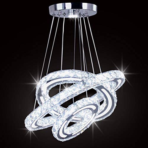 Crystal Chandelier Lighting, 3 Ring LED Modern Crystal Ceiling Light Adjustable Stainless Steel Cool White Pendant Lights Fixtures for Bedroom, Living Room, Hallway, Kitchen, Hotel, Bar, Dining Room
