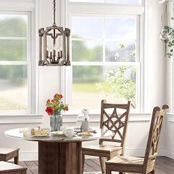 KSANA Farmhouse Chandelier, 5-Light Wood Drum Lantern Pendant Chandeliers for Dining Room, Bedroom, Kitchen Island, Foyer and Living Room