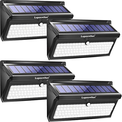 Luposwiten Solar Lights Outdoor, 100 LED Waterproof Solar Powered Motion Sensor Security Light, Solar Fence Wall Lights for Patio, Deck, Yard, Garden (4 Pack)