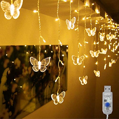 Decorman Curtain Lights 48 LED USB Powered 8 Modes Waterproof Window Curtain String Lights with 10 Butterflies Twinkle Lights for Christmas Holiday Party Room Decoration (Warm White)